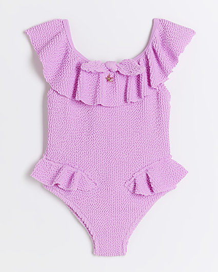 Mini girls purple textured frill swimsuit