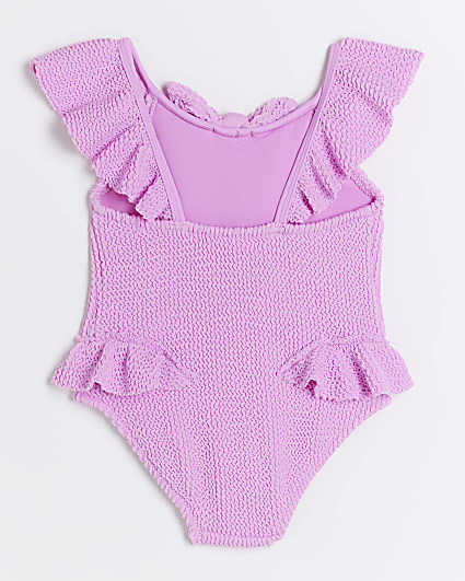 Mini girls purple textured frill swimsuit