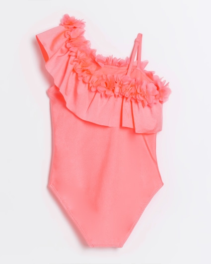 Girls pink flower asymmetric swimsuit