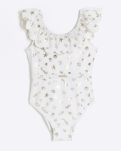 Mini girls cream shell frill swimsuit