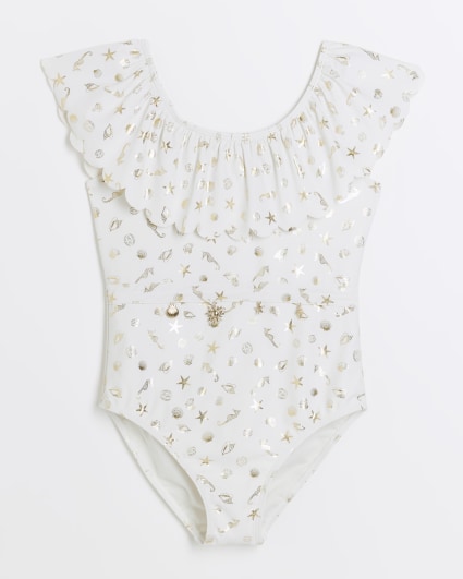 Girls cream shell frill swimsuit