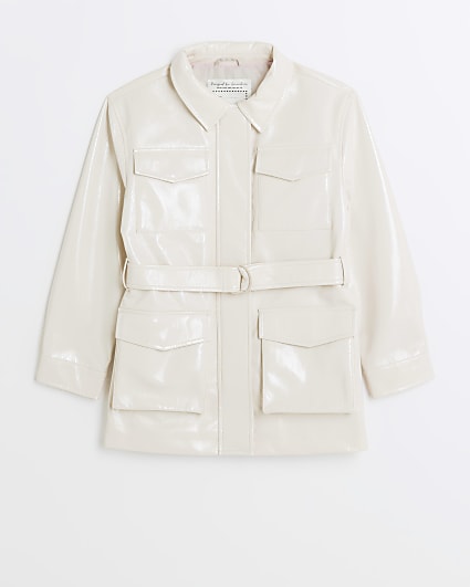 Girls cream faux leather utility shacket