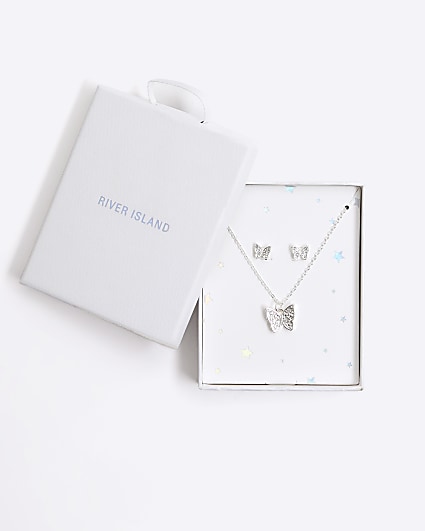 Girls silver butterfly necklace and earrings