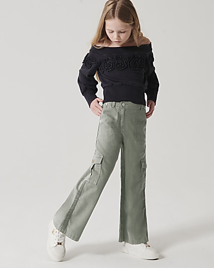 Girls khaki asymmetric cargo trousers