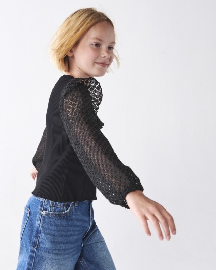 Girls black frill lace sleeve blouse