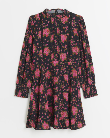 Girls black floral long sleeve dress