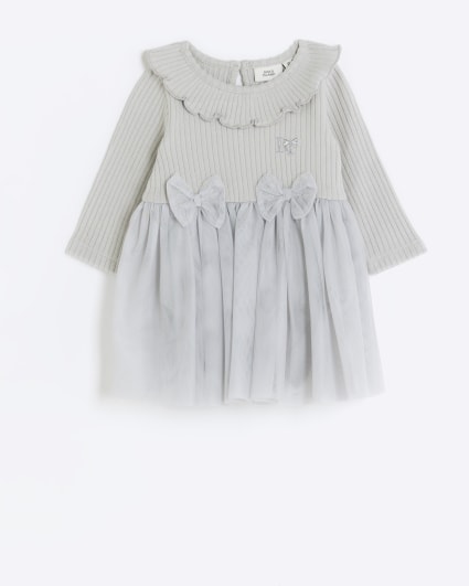 Baby girls grey mesh bow detail dress