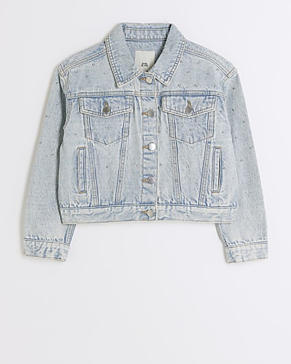 Girls blue diamante studded denim jacket