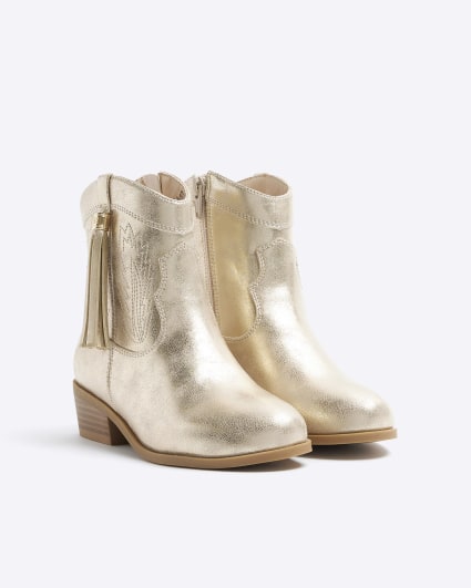 Girls gold tassel western boots