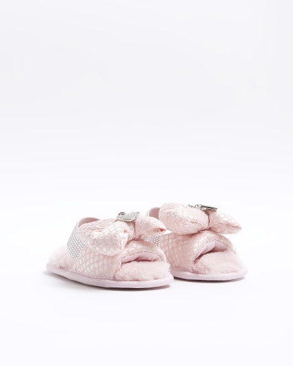 Mini girls pink diamante bow slippers