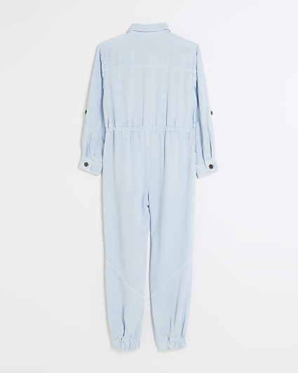 Girls blue denim look cargo jumpsuit