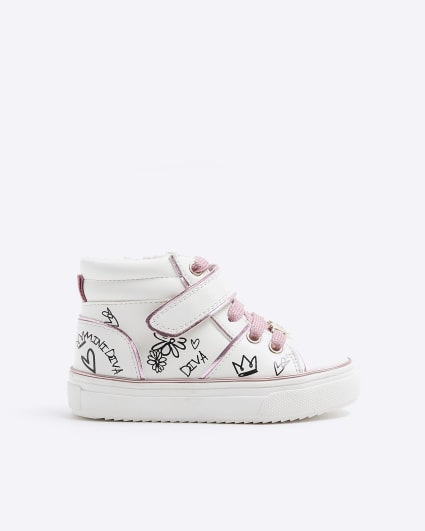 Mini girls white graffiti high top trainers