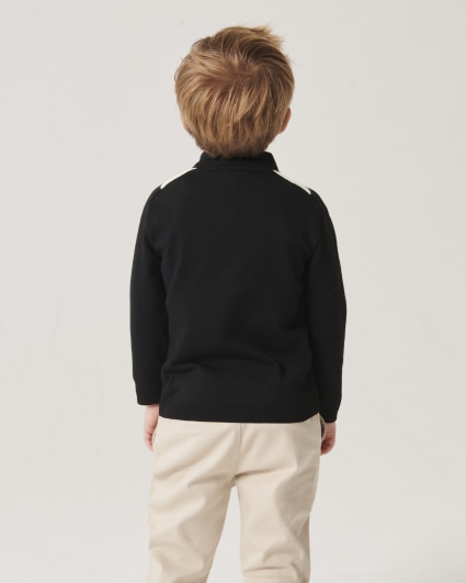 Mini boys black colour block zip polo top
