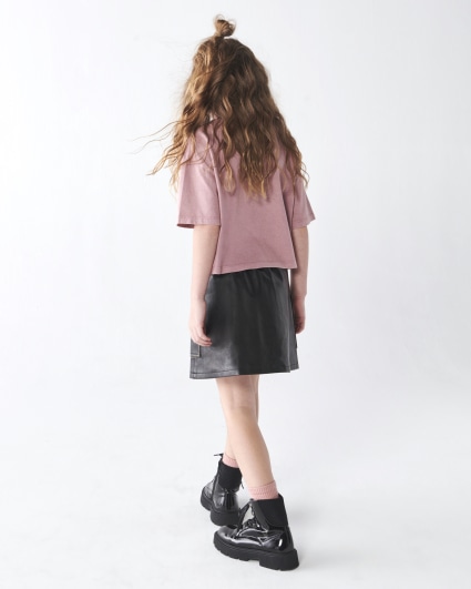 Girls black faux leather biker kilt skirt