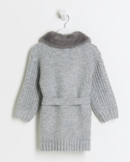 Mini girls grey faux fur cable knit cardigan