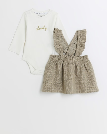 Baby girls beige jacquard pinafore dress set