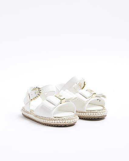 Mini girls white pearl trim bow sandals