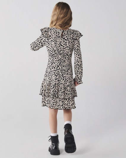 Girls cream leopard print frill dress