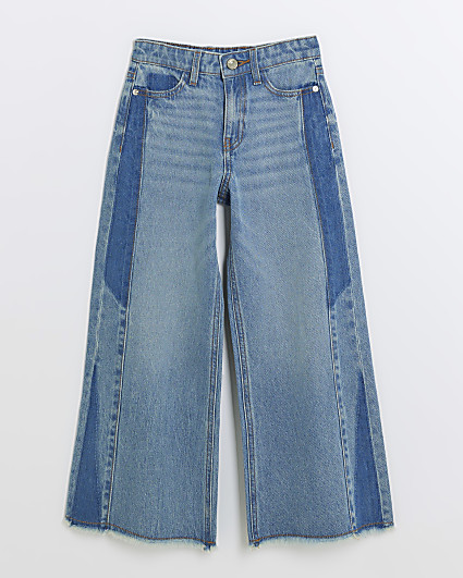 Girls blue patchwork wide leg jeans