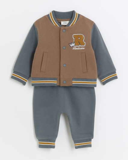 Baby boys brown embroidered bomber top set