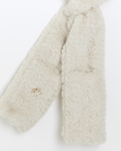 Girls beige faux fur hooded scarf