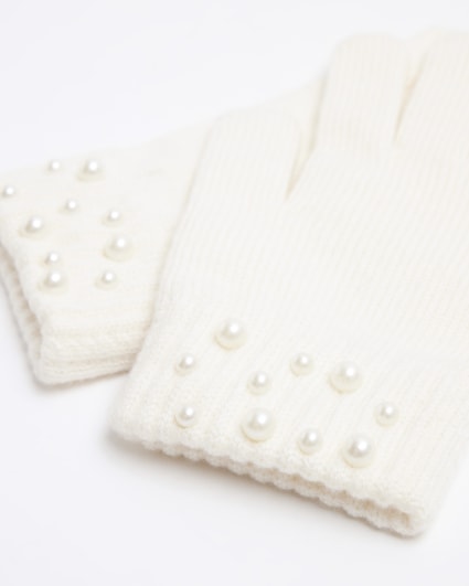 Girls cream pearl detail gloves