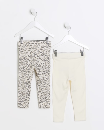 Mini girls cream leopard leggings 2 pack