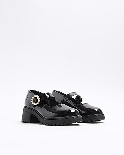 Girls black patent pearl buckle heel shoes