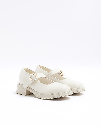 Girls cream pearl chunky mary jane shoes