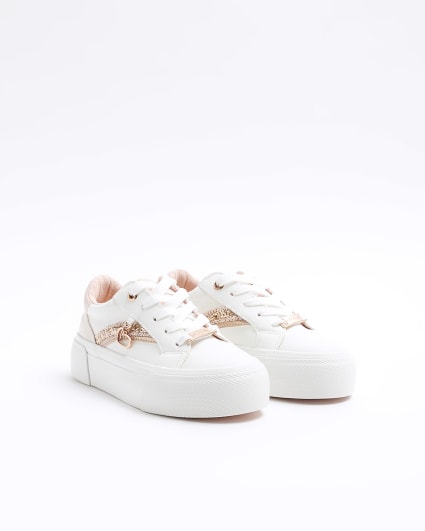 Girls rose gold glitter lace up trainers
