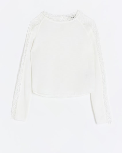Girls cream lace detail long sleeve top