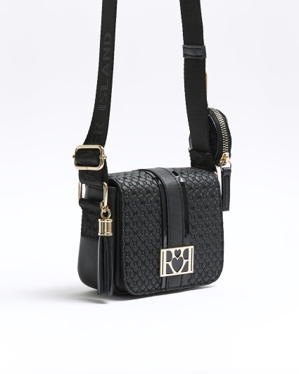 Girls black embossed monogram cross body bag