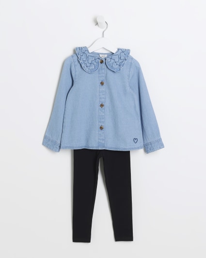 Mini girls blue heart blouse and leggings set