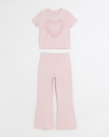 Girls pink heart rib t-shirt and flares set