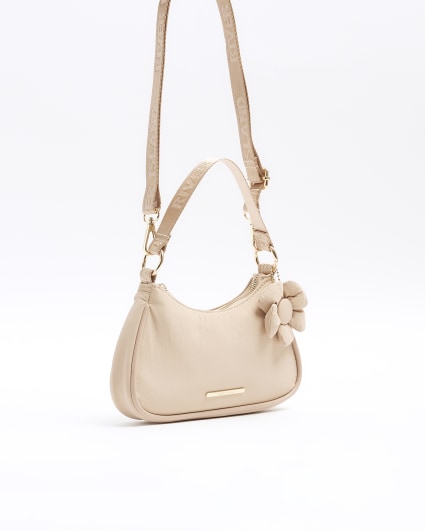 Girls Beige Flower Shoulder Scoop Bag