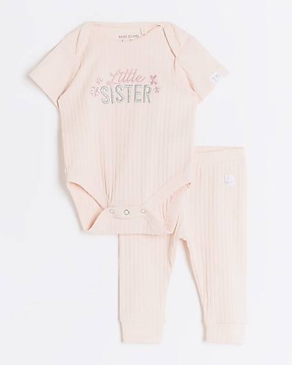 Baby girls pink ribbed little sister set