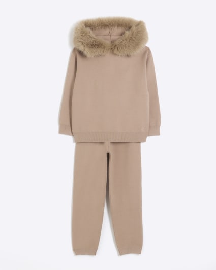 Girls Beige Faux Fur Hoodie and Joggers Set