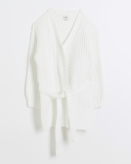Girls cream faux fur cable knit cardigan