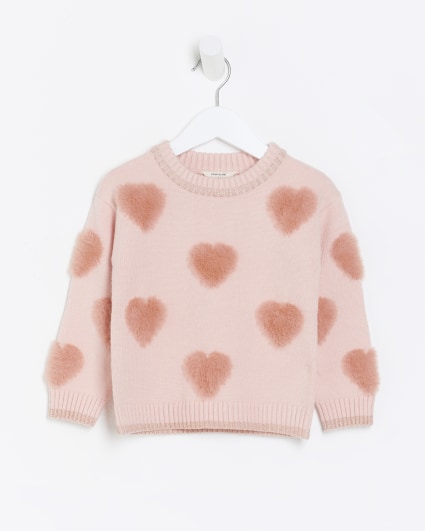 Mini girls pink fluff heart jumper