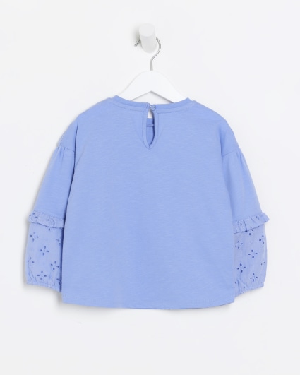 Mini girls blue long sleeve broderie top