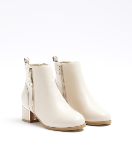 Girls cream wide fit side zip heeled boots