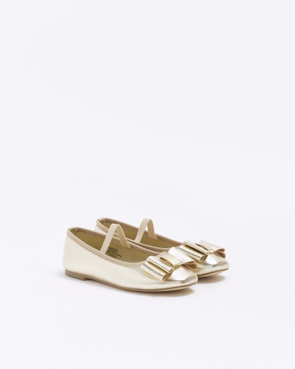 Girls gold wide fit bow ballet pumps