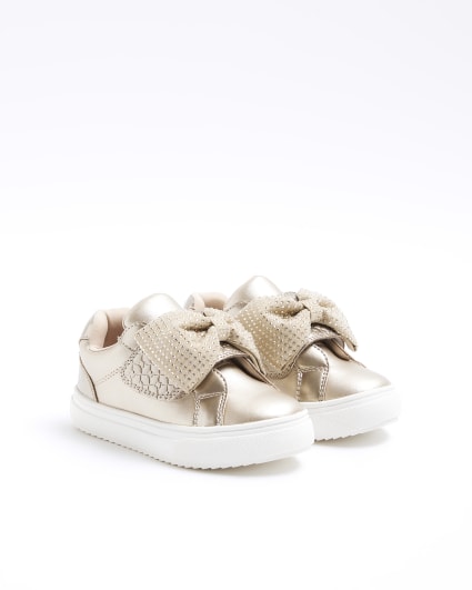 Mini girls rose gold bow trainers