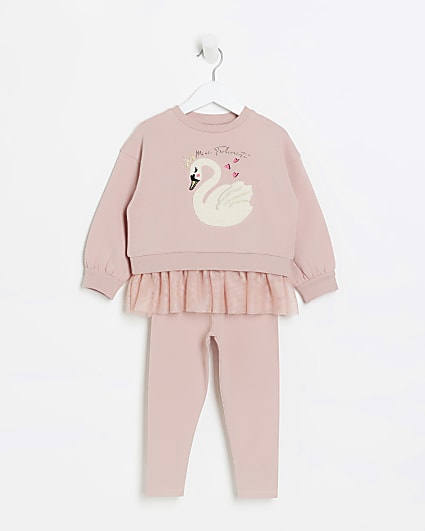 Mini girls pink swan tulle sweatshirt set