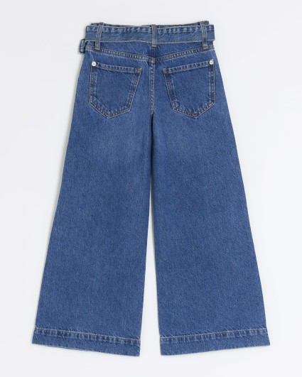 Girls Blue Medium Denim Belted Wide Leg Jeans