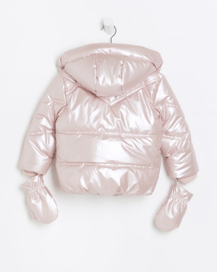 Mini girls pink hooded puffer mitten coat