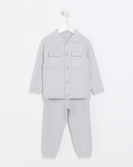 Mini boys grey knit shirt and joggers set