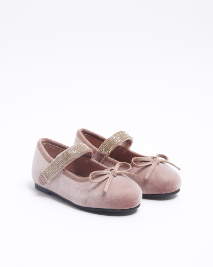 Mini girls pink velvet diamante ballet shoes