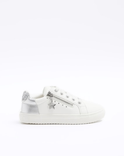 Girls white side zip glitter trainers