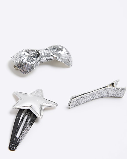 Girls silver glitter bow hair clips 3 pack